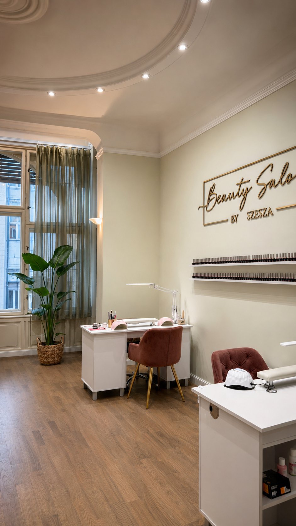 Interior of the Szesza salon with the wall sign